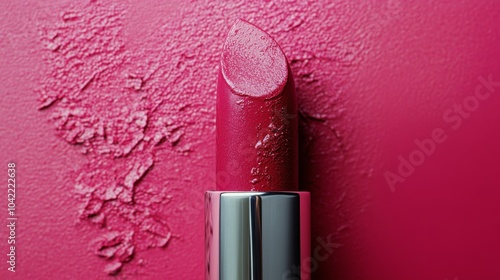Bright pink lipstick on textured background with vibrant color and artistic p...
