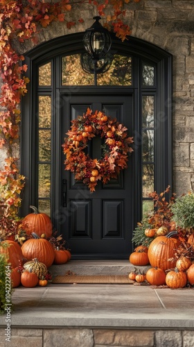A warm autumn entrance with a decorated door, pumpkins, and falling leaves in...