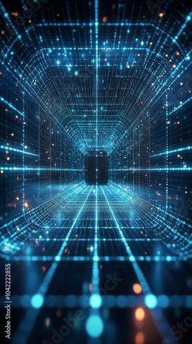 A glowing blue tunnel with archways illuminated by neon lights creates a surr...