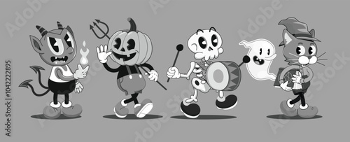 Black and white retro cartoon halloween characters walking in a group greeting viewers. Halloween vector design element. Cute funny cartoon characters. Card poster design element.Cartoon retro style. 