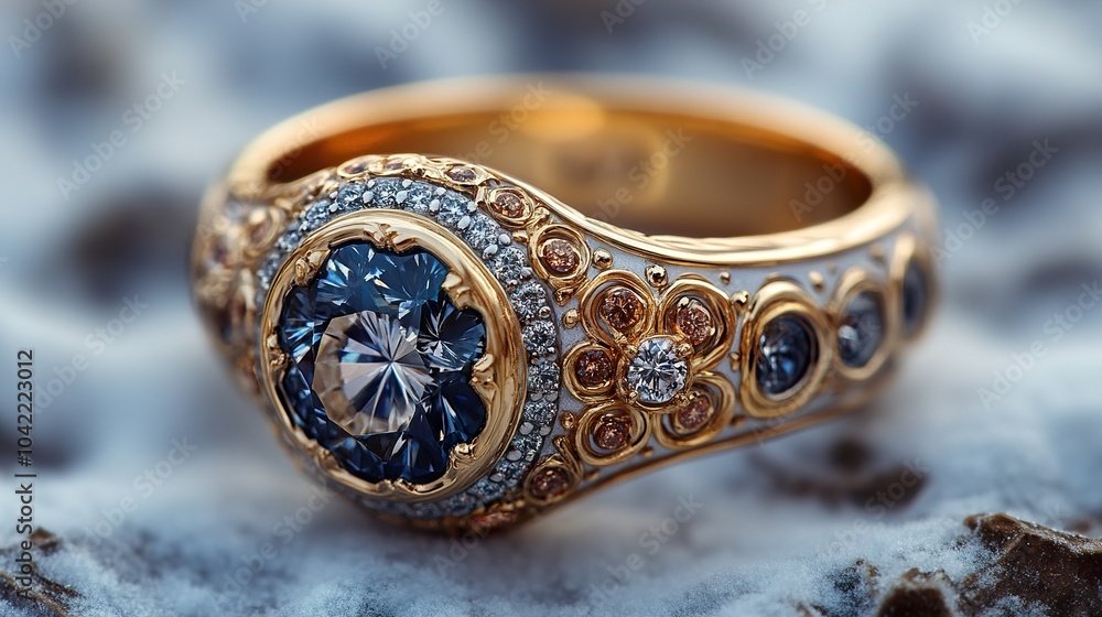 Ornate Gold Ring with Sapphire and Diamonds: A Luxurious Statement Piece Ornate Gold Ring with Sapphire and Diamonds: A Luxurious Statement Piece