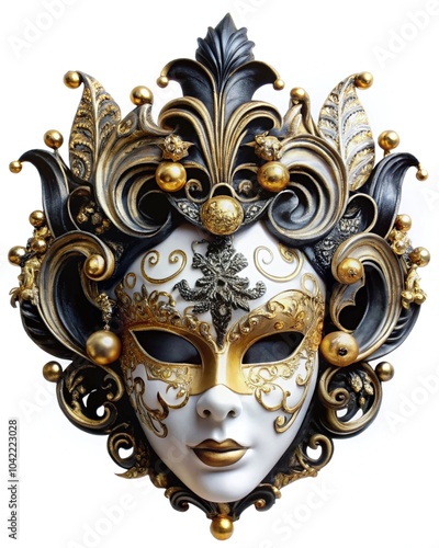 Elegant Venetian masquerade mask with gold and black intricate details design