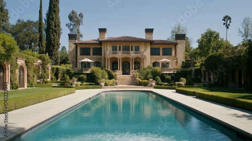 Elegant mansion with a lush garden and swimming pool in serene surroundings d...