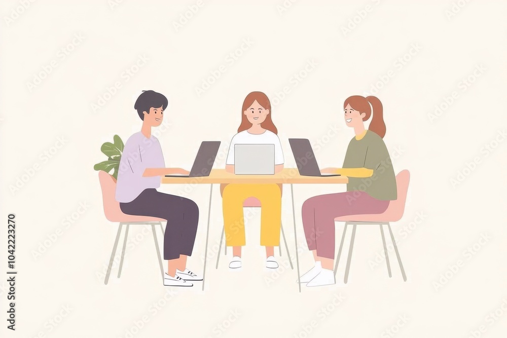 Three people sitting at a table in an office illustration with a white background and a simple, flat design style They use laptops to work together Generative AI Three people sitting at a table in an office illustration with a white background and a simple, flat design style They use laptops to work together Generative AI