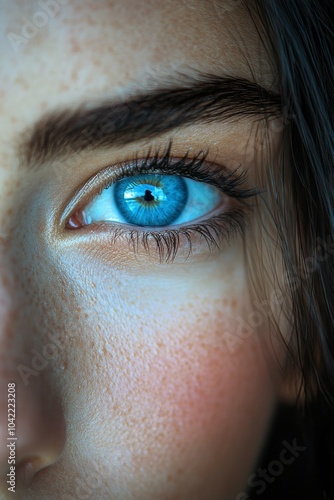 Close up view capturing a striking blue eye with detailed eyelashes and skin ...