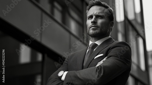 Stylishly dressed businessman stands confidently with arms crossed in a moder...
