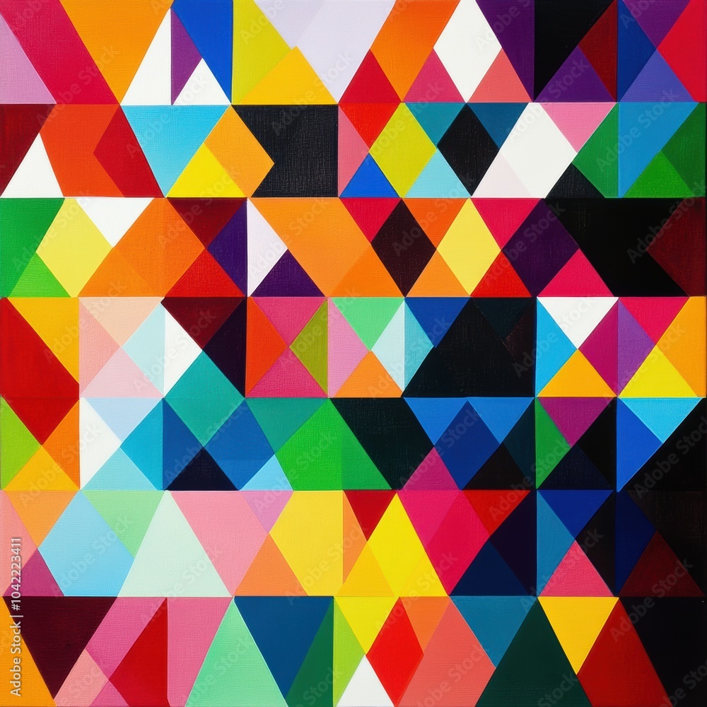 This artwork displays an intricate arrangement of triangular patterns, bursting with vibrant colors that create a visually striking effect. Generative AI This artwork displays an intricate arrangement of triangular patterns, bursting with vibrant colors that create a visually striking effect. Generative AI
