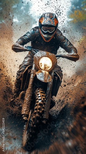 Motocross rider navigating a muddy trail in a forest area during a cloudy day