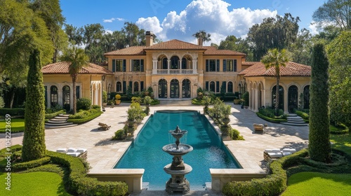 Elegant mansion with a lush garden and swimming pool in serene surroundings d...