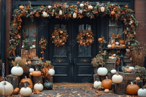 A beautifully decorated entrance with pumpkins and autumn foliage in a season...