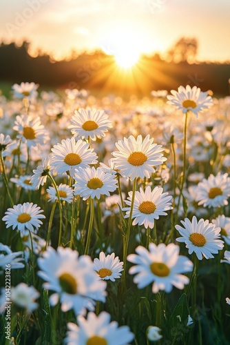 Sunset over a field of blooming daisies with golden rays illuminating the flo...
