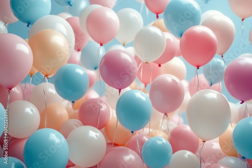 Colorful balloons floating under a bright blue sky during a cheerful outdoor ...