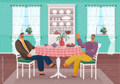 Two young men are drinking coffee and talking. Friends tea party. An international gay couple is having breakfast in their kitchen. Home comfort. People sitting at table in cafe with food and drinks