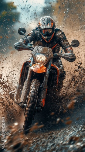 Motocross rider navigating a muddy trail in a forest area during a cloudy day