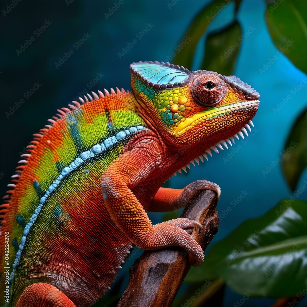 Camaleão sobre um galho, destacando suas cores brilhantes e textura de pele escamosa. Camaleão sobre um galho, destacando suas cores brilhantes e textura de pele escamosa.