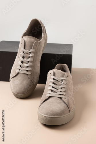 New classic sports men's gray nubuck leather sneakers or gumshoes for cold season on gray background. Special care. Sale concept. photo