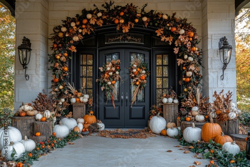 A beautifully decorated entrance with pumpkins and autumn foliage in a season...