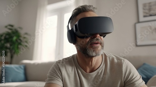 Adult man wearing VR virtual reality glasses playing on the sofa in the room