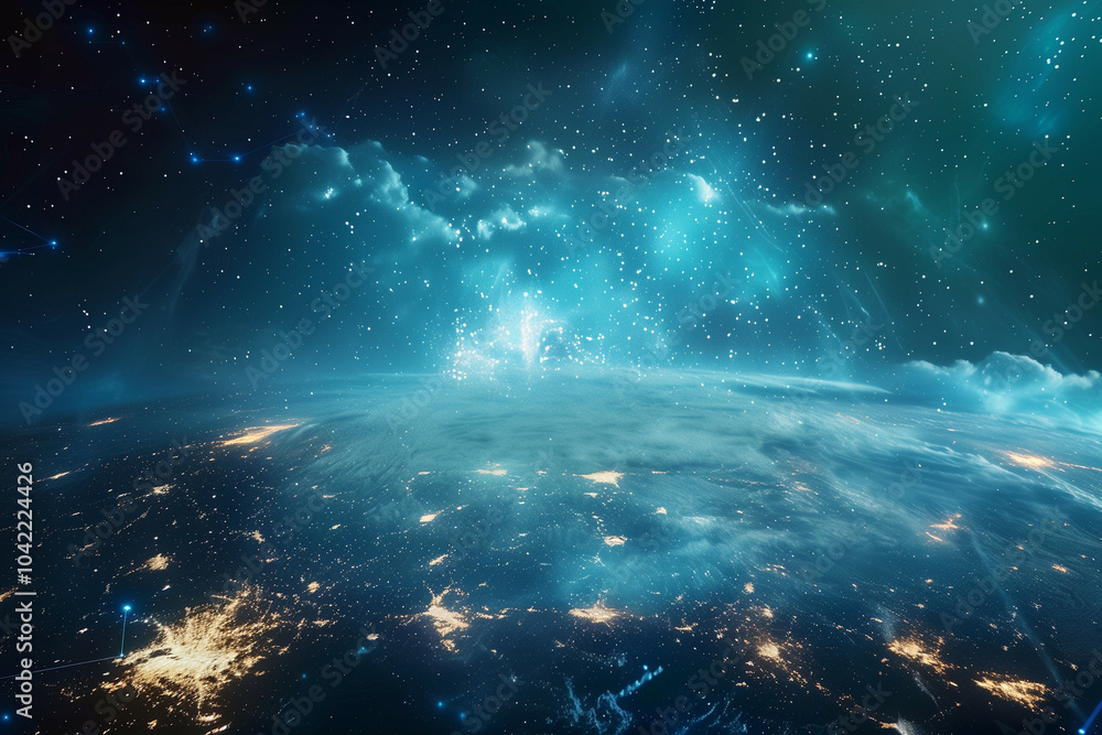 A wide-format image showcasing a digital representation of Earth from space with glowing city lights, surrounded by a mesmerizing galaxy of stars and bright cosmic nebulae A wide-format image showcasing a digital representation of Earth from space with glowing city lights, surrounded by a mesmerizing galaxy of stars and bright cosmic nebulae