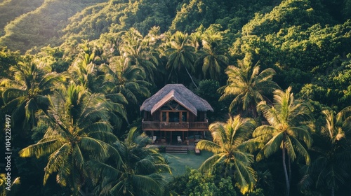 Relaxing tropical house surrounded by palm trees at sunset in a serene landscape