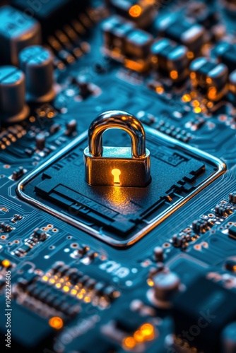 A golden padlock rests on a microchip board at a high tech facility demonstra...
