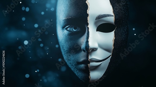 A surreal artwork showing a face split in half, with one side covered by a smooth white mask and the other side showing textured skin, symbolizing duality and hidden emotions