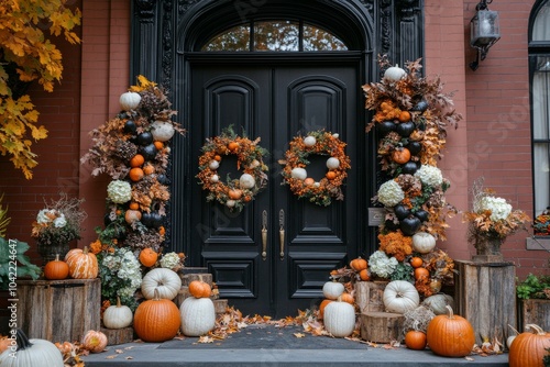 A beautifully decorated entrance with pumpkins and autumn foliage in a season...