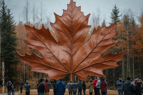 a sculpture of a realistic looking giant maple leaf that is 200 metres high, a crowd look at it with curiosity. Some people are taking photos of it photo