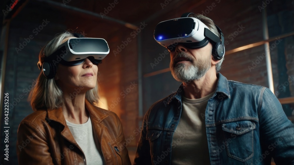 A couple of elderly grandparents wear virtual reality glasses. gray-bearded grandfather husband and grandmother wife playing a video game in the living room.