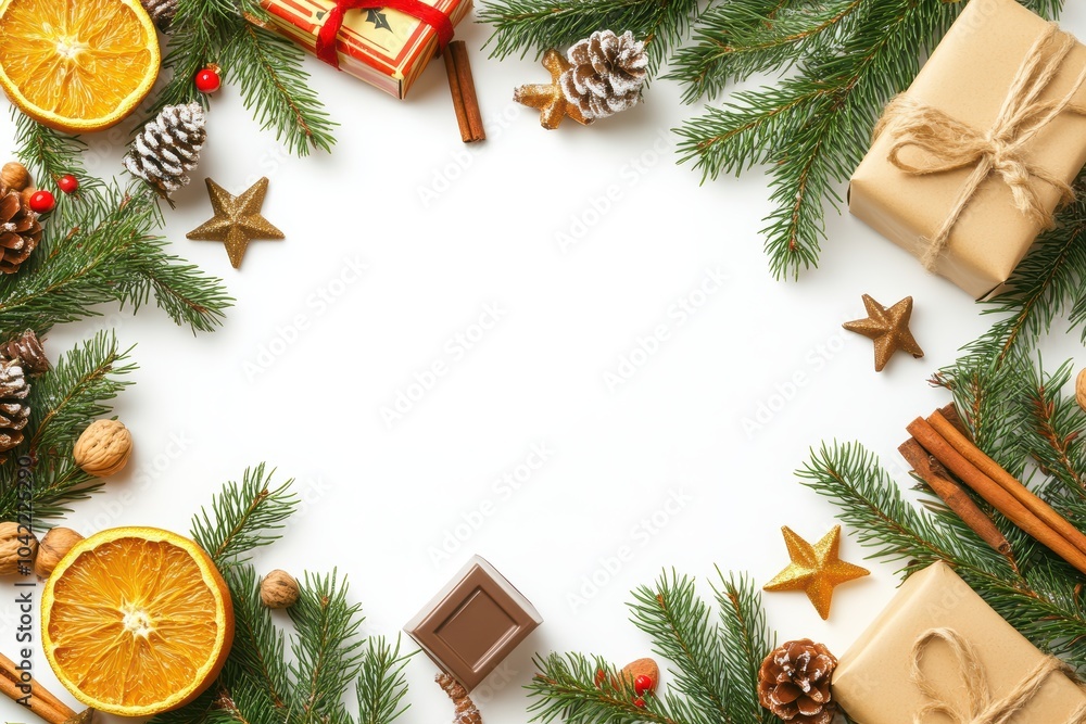Christmas frame made of cardstock with a photo on a white background with copy space, decorated with dried orange and pine leaves, Christmas tree branches, gift boxes Christmas frame made of cardstock with a photo on a white background with copy space, decorated with dried orange and pine leaves, Christmas tree branches, gift boxes
