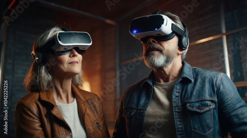 Obraz na płótnie A couple of elderly grandparents wear virtual reality glasses. gray-bearded grandfather husband and grandmother wife playing a video game in the living room. w salonie