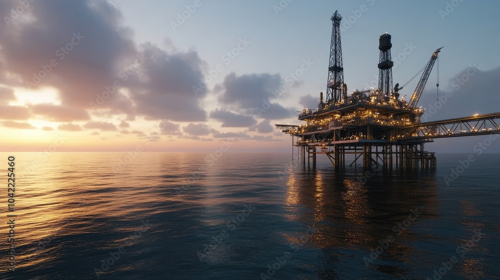 An oil rig stands prominently in the serene ocean, surrounded by mist. The low-angle and bird's-eye views reveal intricate details under soft lighting, creating a cinematic atmosphere An oil rig stands prominently in the serene ocean, surrounded by mist. The low-angle and bird's-eye views reveal intricate details under soft lighting, creating a cinematic atmosphere