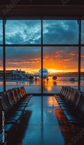 Sunrise view of an airplane at the gate with vibrant clouds at the airport ea...