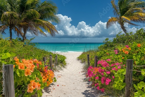 A tranquil path through vibrant flowers leads to a serene beach on a sunny day