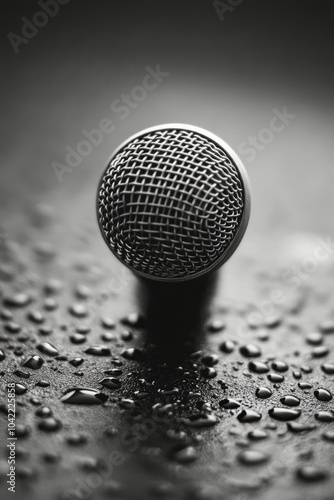 Close up view of a microphone on a patterned surface during an evening event
