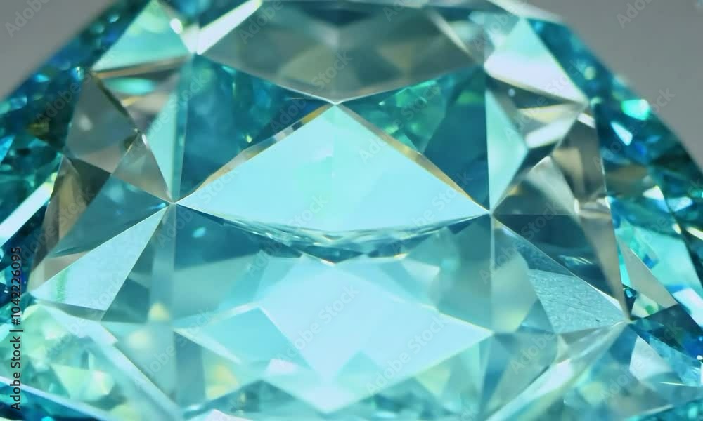 Close-up shot with cool, serene lighting: The camera starts with a close-up of a delicate aquamarine gemstone from the back, illuminated by cool, serene light. The camera zooms out to reveal the gemst Close-up shot with cool, serene lighting: The camera starts with a close-up of a delicate aquamarine gemstone from the back, illuminated by cool, serene light. The camera zooms out to reveal the gemst