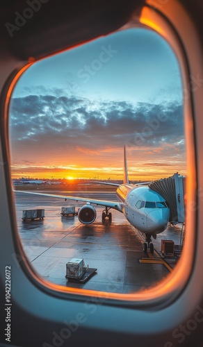 Sunrise view of an airplane at the gate with vibrant clouds at the airport ea...