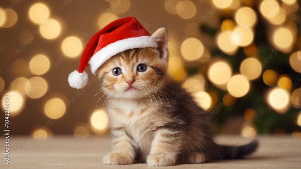 A red little kitten in a Santa hat against a background of golden bokeh and Christmas lights. Christmas cat