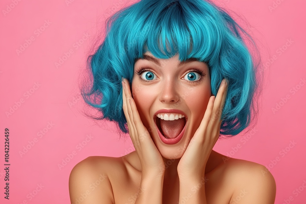 Portrait of beautiful emotional woman in blue wig on pink background Portrait of beautiful emotional woman in blue wig on pink background