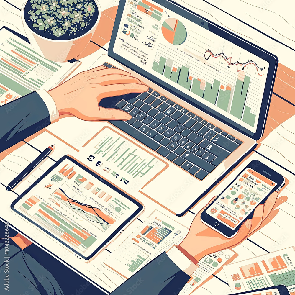 Obraz premium Businessman analyzing data on digital devices at office desk