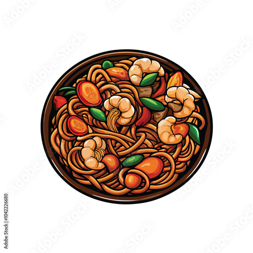 Vector illustration of a bowl of stir fried noodles with shrimp and vegetables.