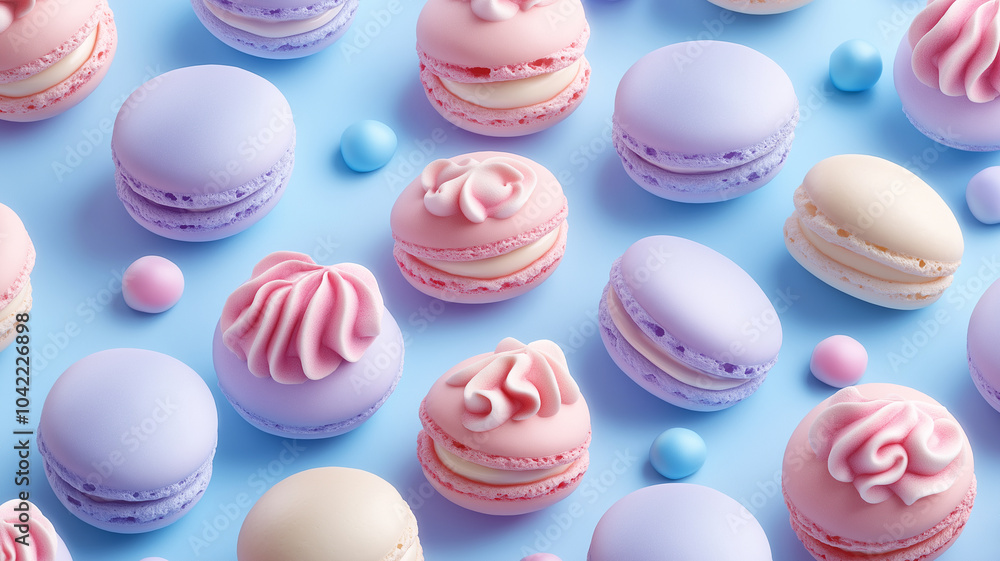 Fototapeta premium Delightful pastel macarons arranged beautifully on blue background