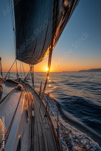 Sailing at sunset with a view of the horizon and water under a clear sky