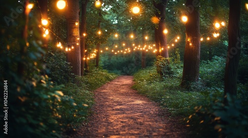 Serene winding path illuminated by fairy lights in a tranquil forest during t...