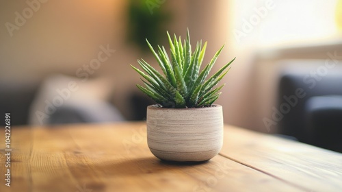 Bright indoor space with potted plant on wooden table surrounded by greenery ...