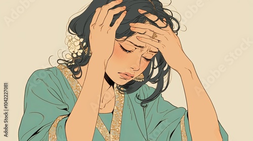 Young woman holding head in distress and discomfort illustration