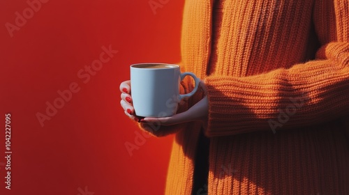 A person stands in a bustling city street, holding a disposable coffee cup wi...