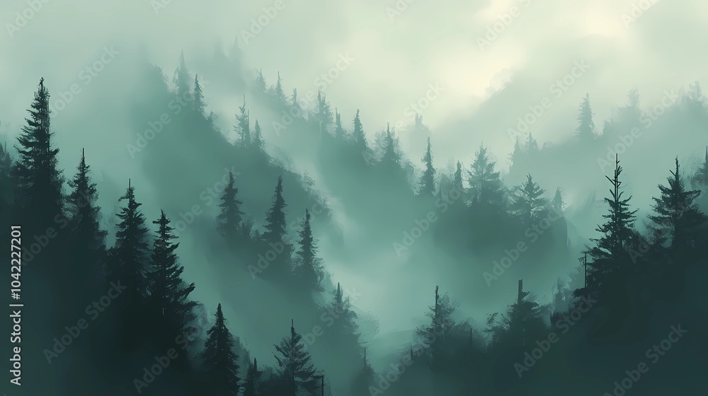 Obraz premium Autumn mountains shrouded in fog, with golden and red leaves on the trees, perfect for tranquil and reflective stock landscape photography.