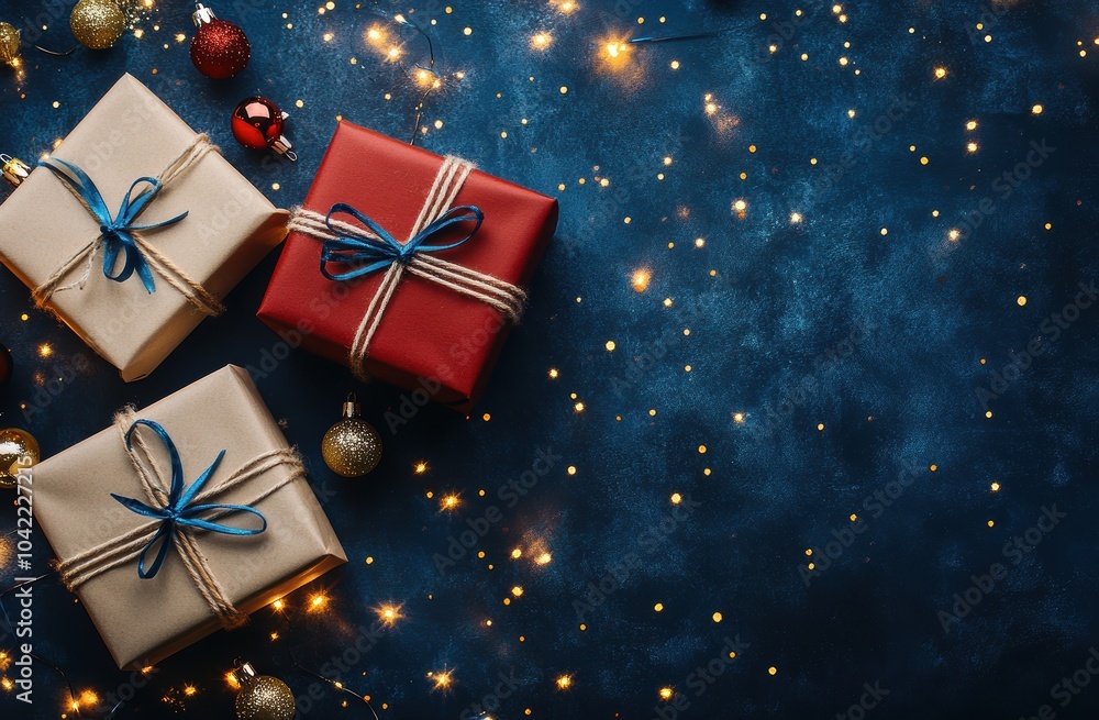Two small gift boxes tied with string, one red and the other beige, against a royal blue background, with scattered Christmas decorations. a New Year greeting card. Two small gift boxes tied with string, one red and the other beige, against a royal blue background, with scattered Christmas decorations. a New Year greeting card.