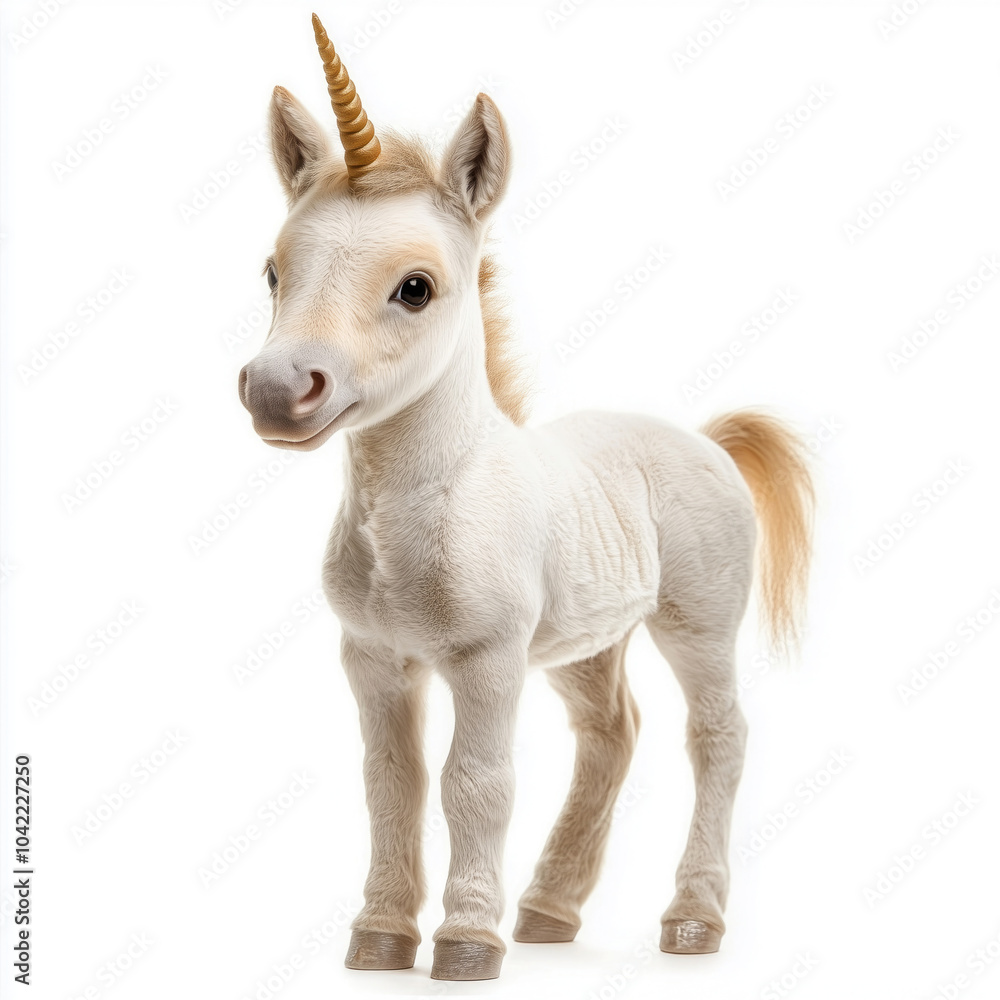 Obraz premium A cute baby unicorn standing on a white background, featuring a small horn and a soft, furry appearance. The image captures the whimsical and magical charm of this fantasy creature